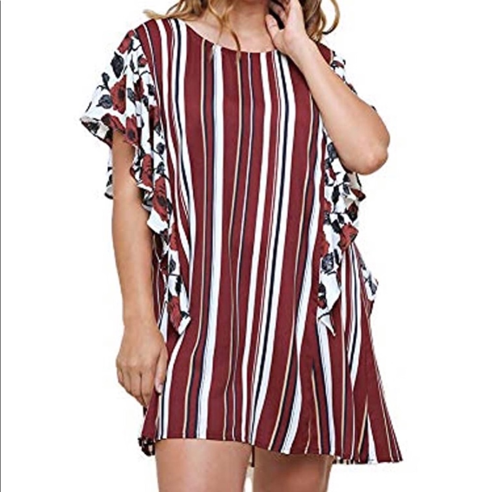 Umgee Women's Striped & Floral Ruffle Sleeve Dress